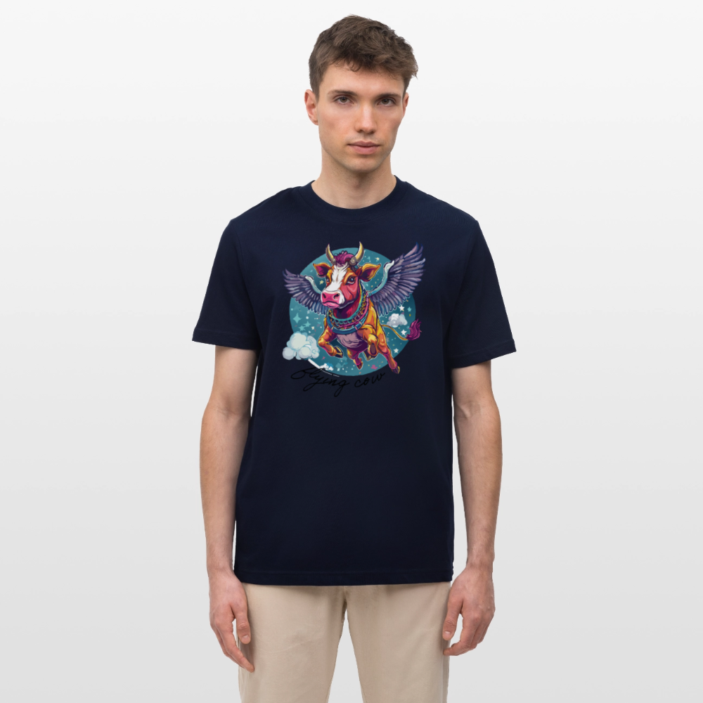 Relaxed Fit Unisex Bio-T-Shirt mit FLYING COW PRINT Vorderseite - Navy