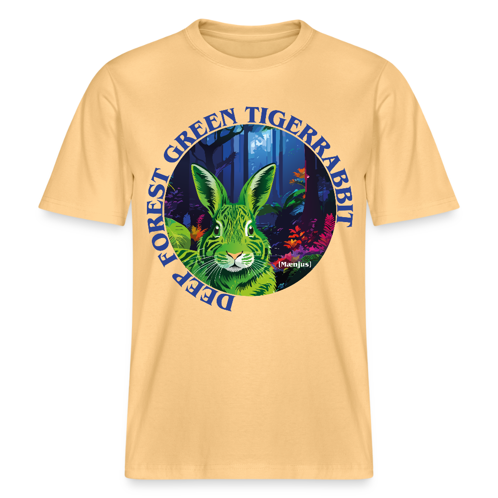 Relaxed Fit Unisex Bio-T-Shirt mit DEEP FOREST GREEN TIGERRABBIT PRINT Vorderseite - Hellgelb