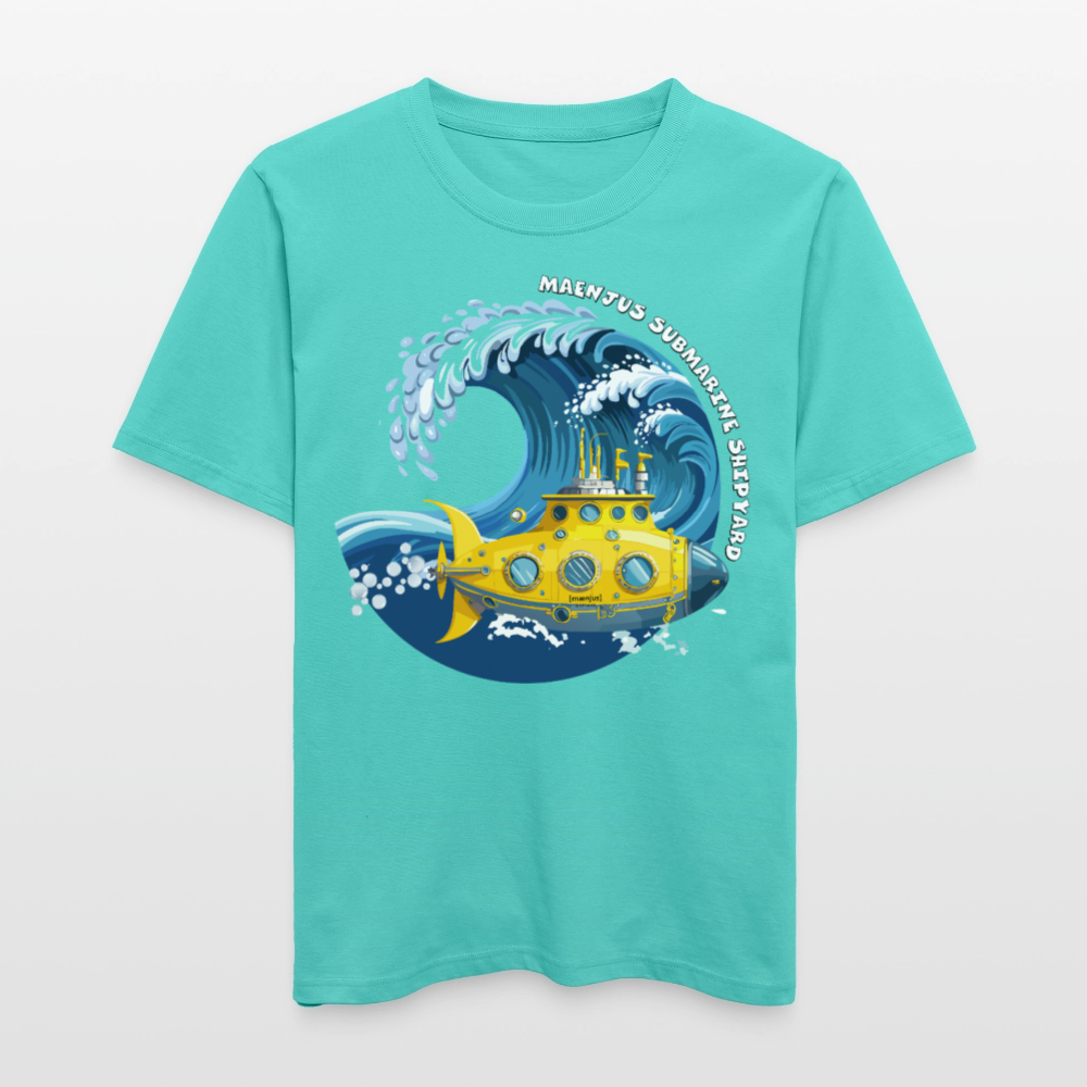 Unisex Bio-T-Shirt mit MAENJUS SUBMARINE SHIPYARD PRINT Vorderseite - Poolblau