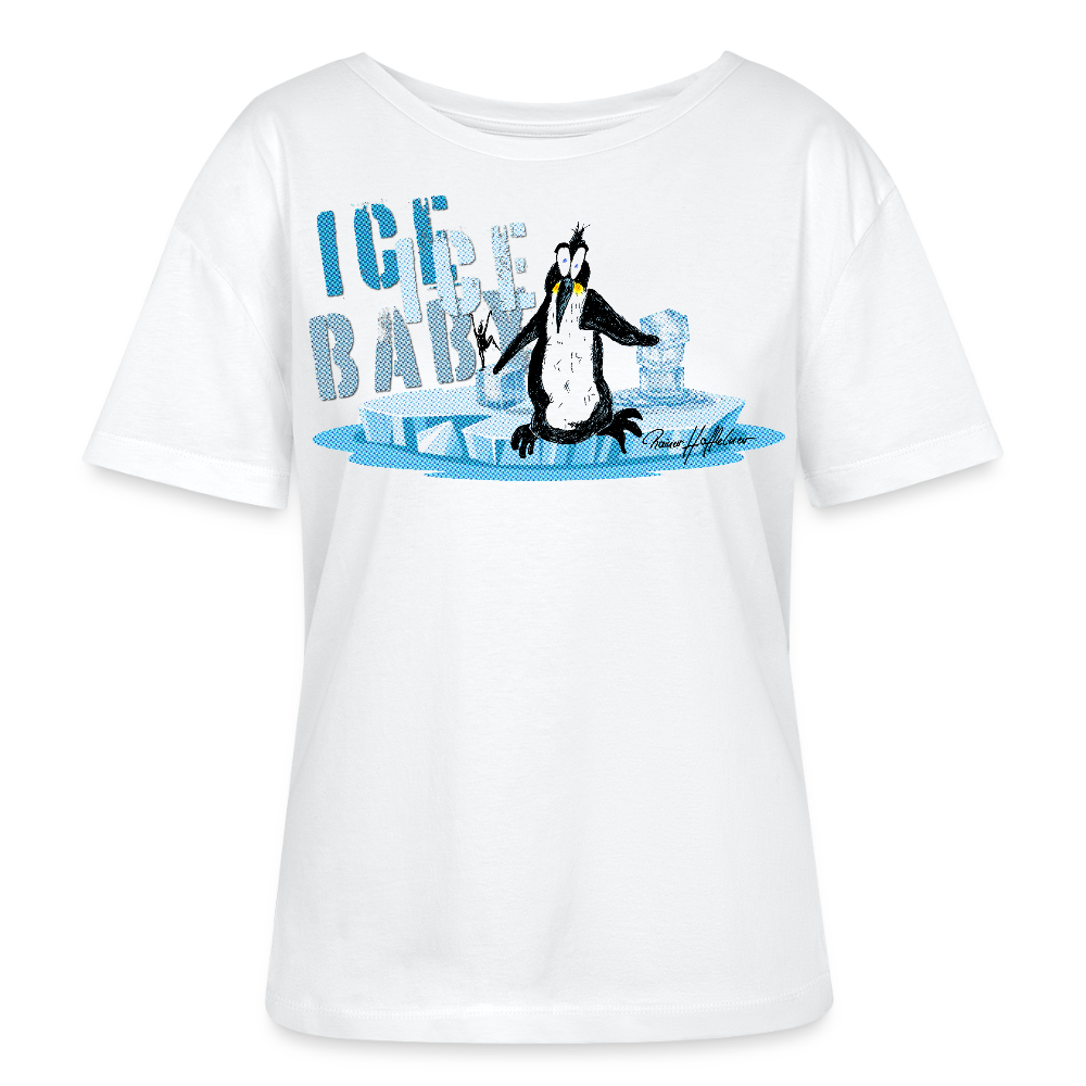 Relaxed Rundhals Frauen Bio-T-Shirt mit ICE ICE BABY PINGUIN PRINT - Weiß
