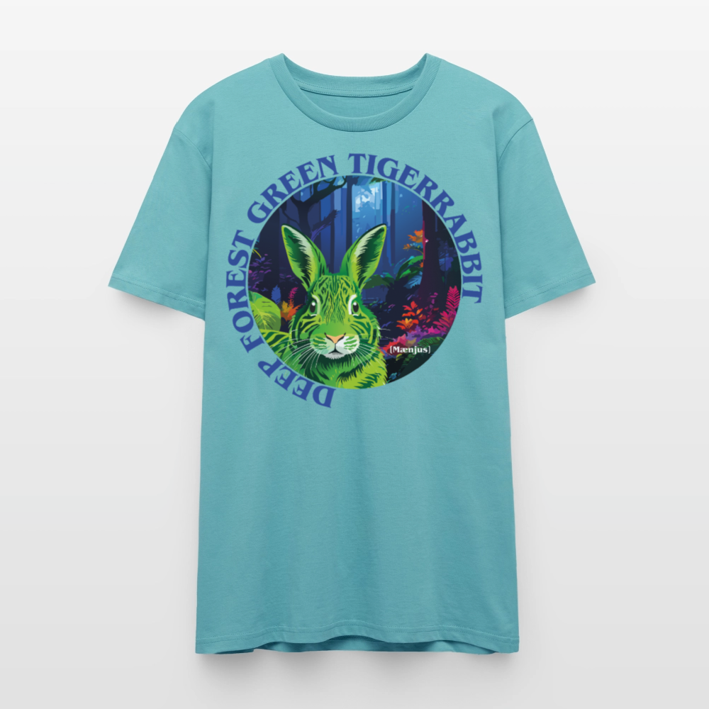 Unisex T-Shirt mit DEEP FOREST GREEN TIGERRABBIT PRINT Vorderseite - Pastelltürkis