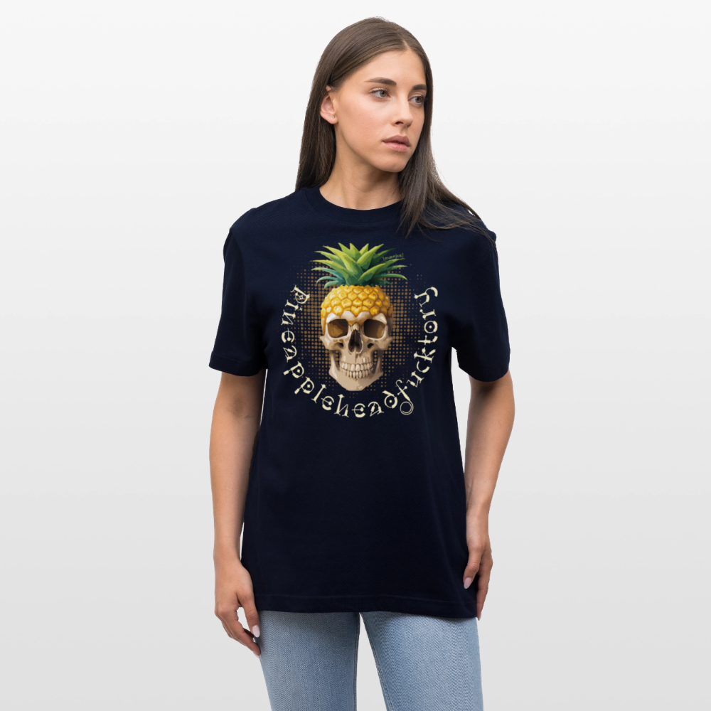 Relaxed Fit Unisex Bio-T-Shirt mit PINEAPPLE SKULL PRINT Vorderseite - Navy