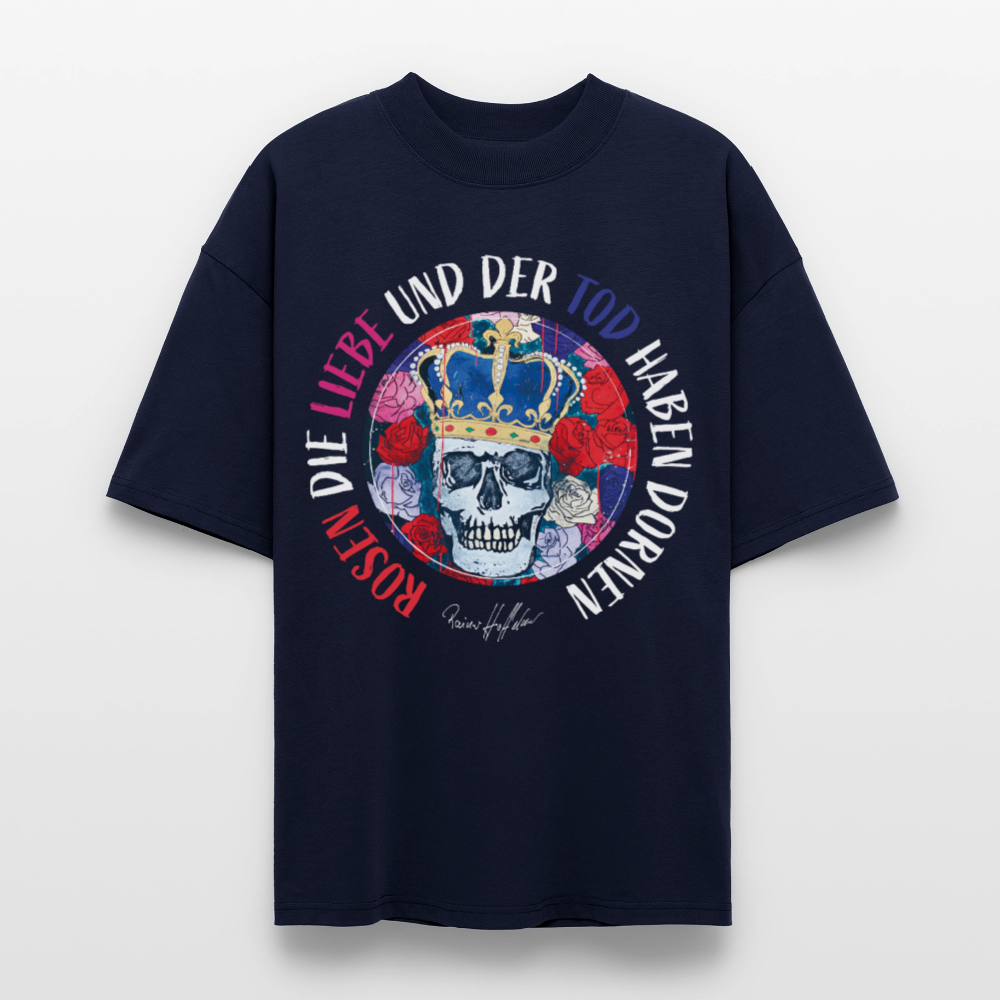 Oversized Unisex T-Shirt mit ROSEN DIE LIEBE UND DER TOD HABEN DORNEN PRINT - Navy
