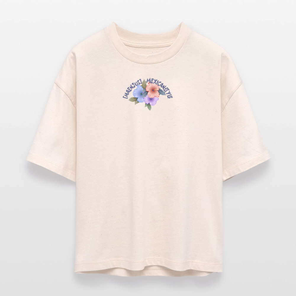 Frauen Boxy Bio-T-Shirt mit MAENJUS MEXICANSTYLE PRINT Vorder- und Rückseite - Weißgrau