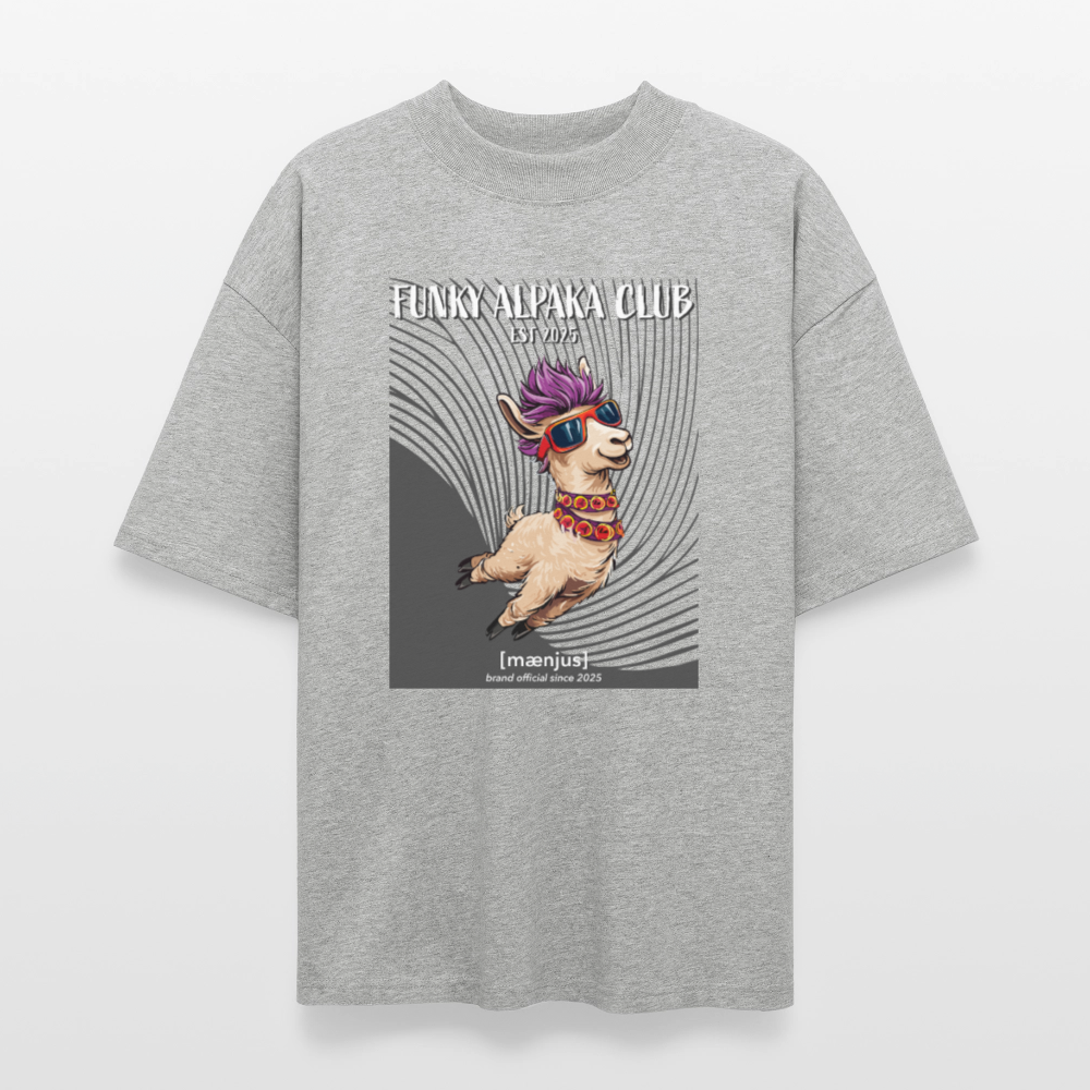 Oversized Unisex Bio T-Shirt mit FUNKY ALPAKA CLUB PRINT Vorderseite - Grau meliert