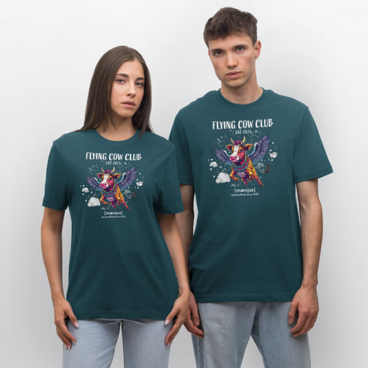 Unisex Bio-T-Shirt mit FLYING COW CLUB PRINT Vorderseite - Dunkles Petrol