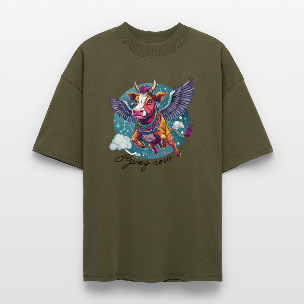Oversized Unisex T-Shirt mit FLYING COW PRINT - Khaki