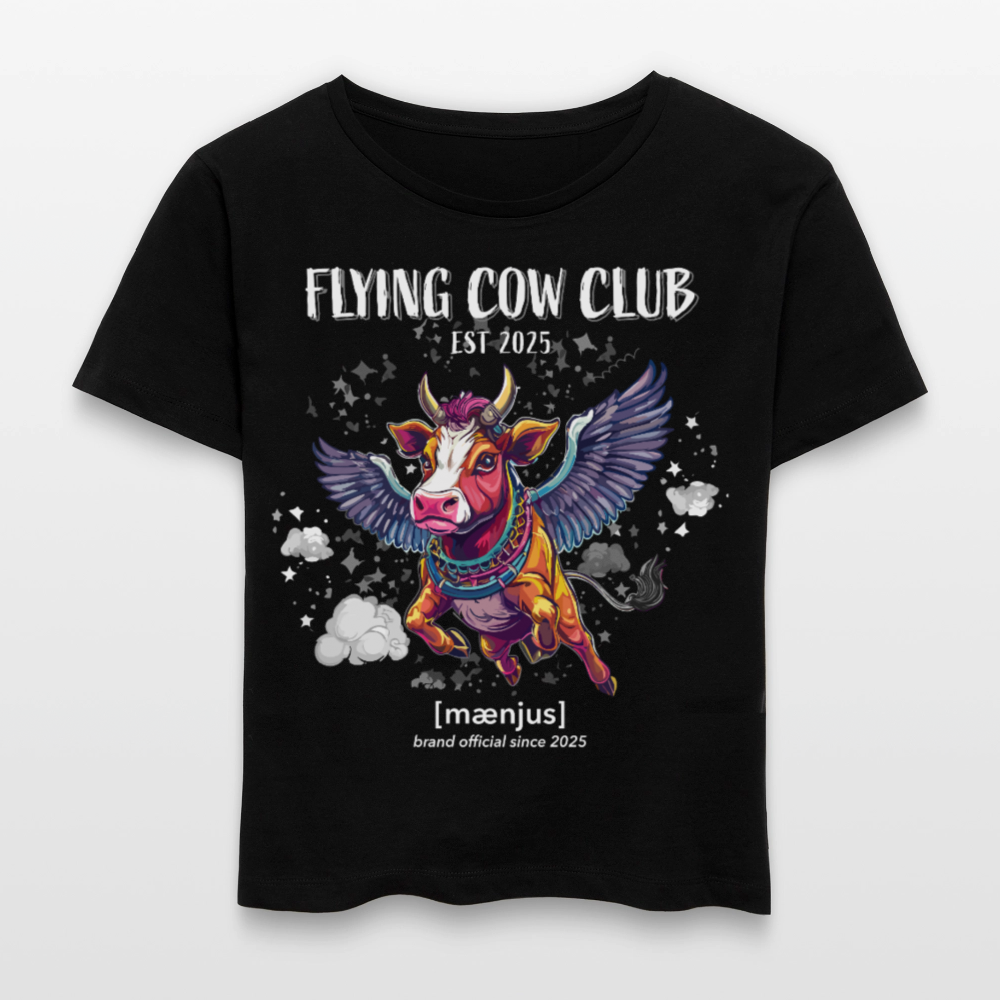 Relaxed Rundhals Frauen Bio-T-Shirt mit FLYING COW CLUB PRINT - Schwarz