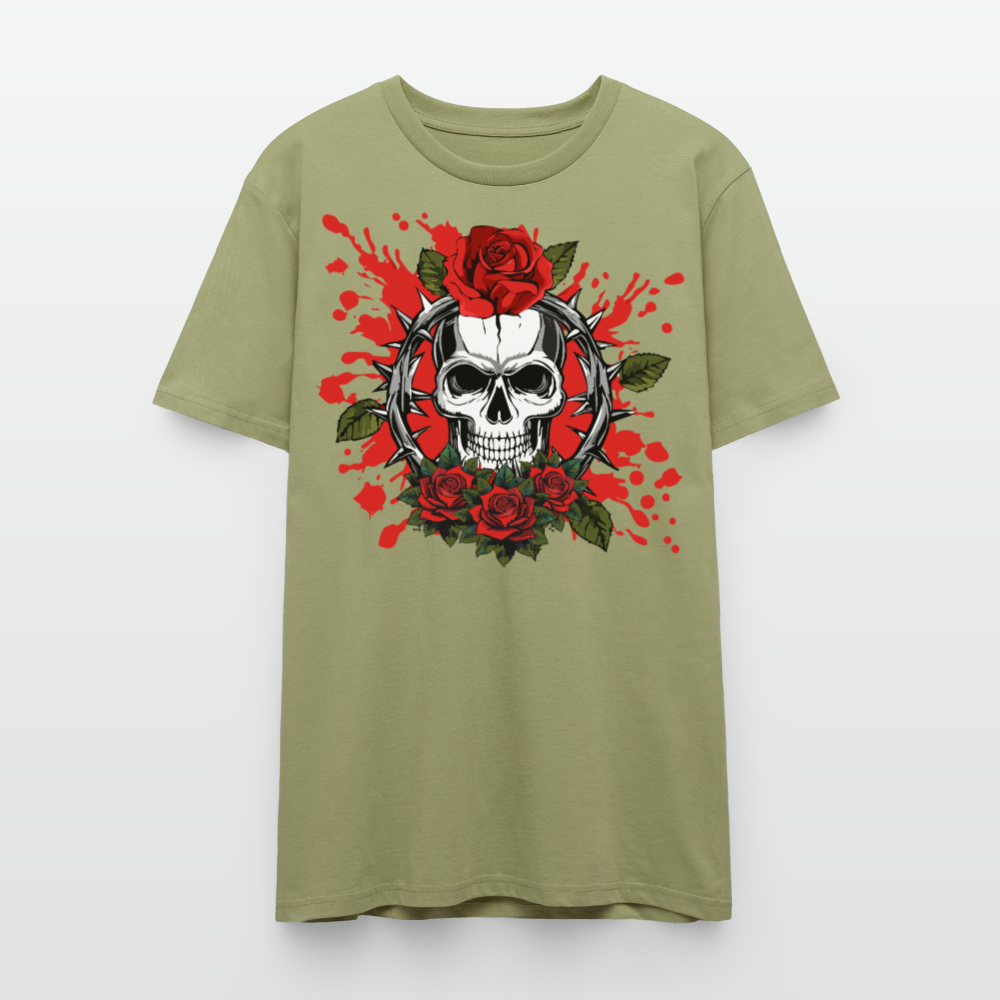 Unisex T-Shirt mit ROSEN SKULL PRINT Vorderseite - Nebelgrün