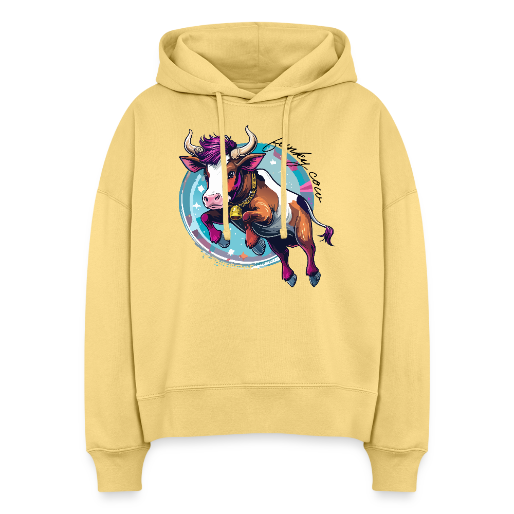 Boxy Frauen Bio Hoodie mit FUNKY COW PRINT - Hellgelb