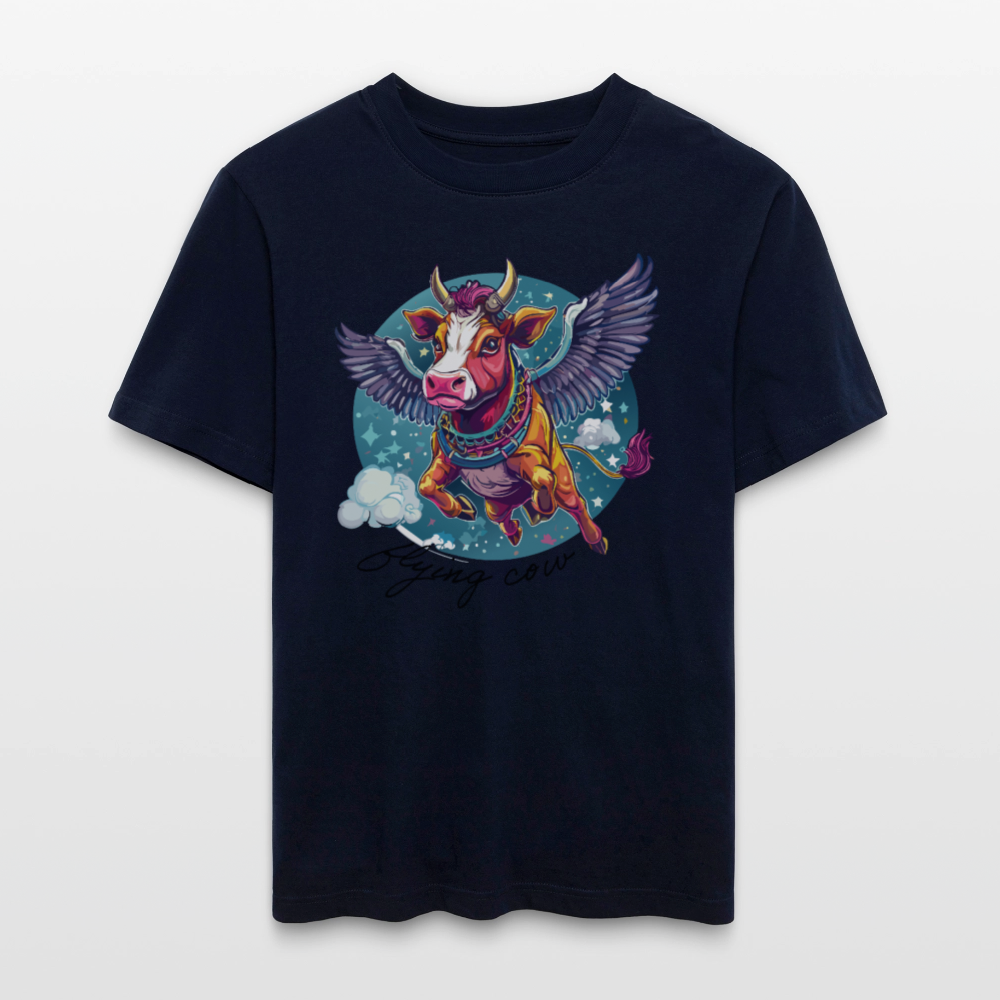 Relaxed Fit Unisex Bio-T-Shirt mit FLYING COW PRINT Vorderseite - Navy