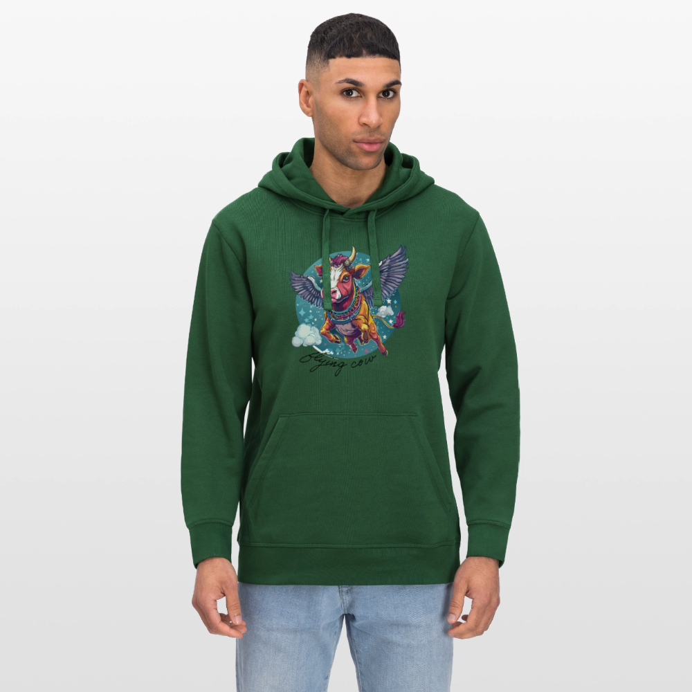 Unisex Bio-Hoodie mit FLYING COW PRINT Vorderseite - Flaschengrün