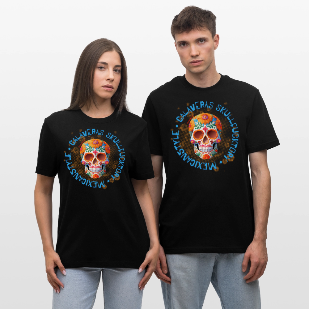 Relaxed Fit Unisex Bio-T-Shirt mit CALAVERAS MEXICANSTYLE PRINT Vorderseite - Schwarz