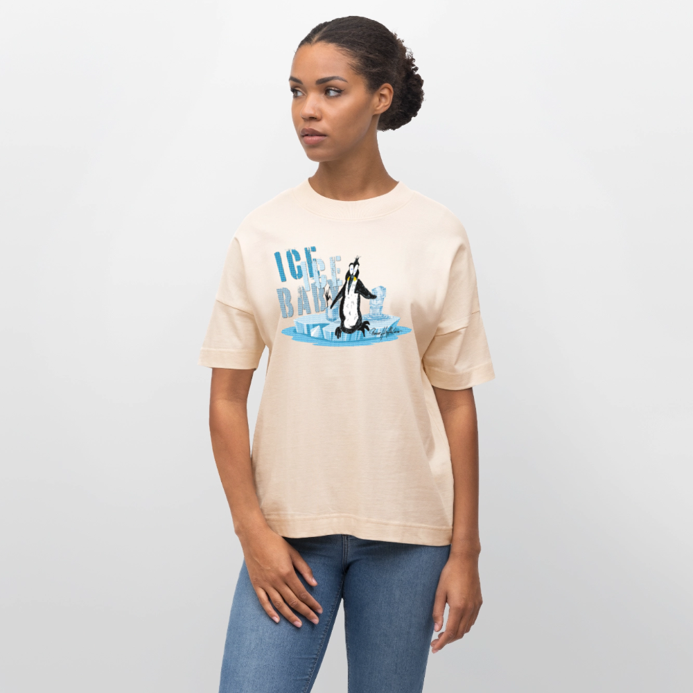 Oversized Unisex Bio T-Shirt mit ICE ICE BABY PINGUIN PRINT - Weißgrau