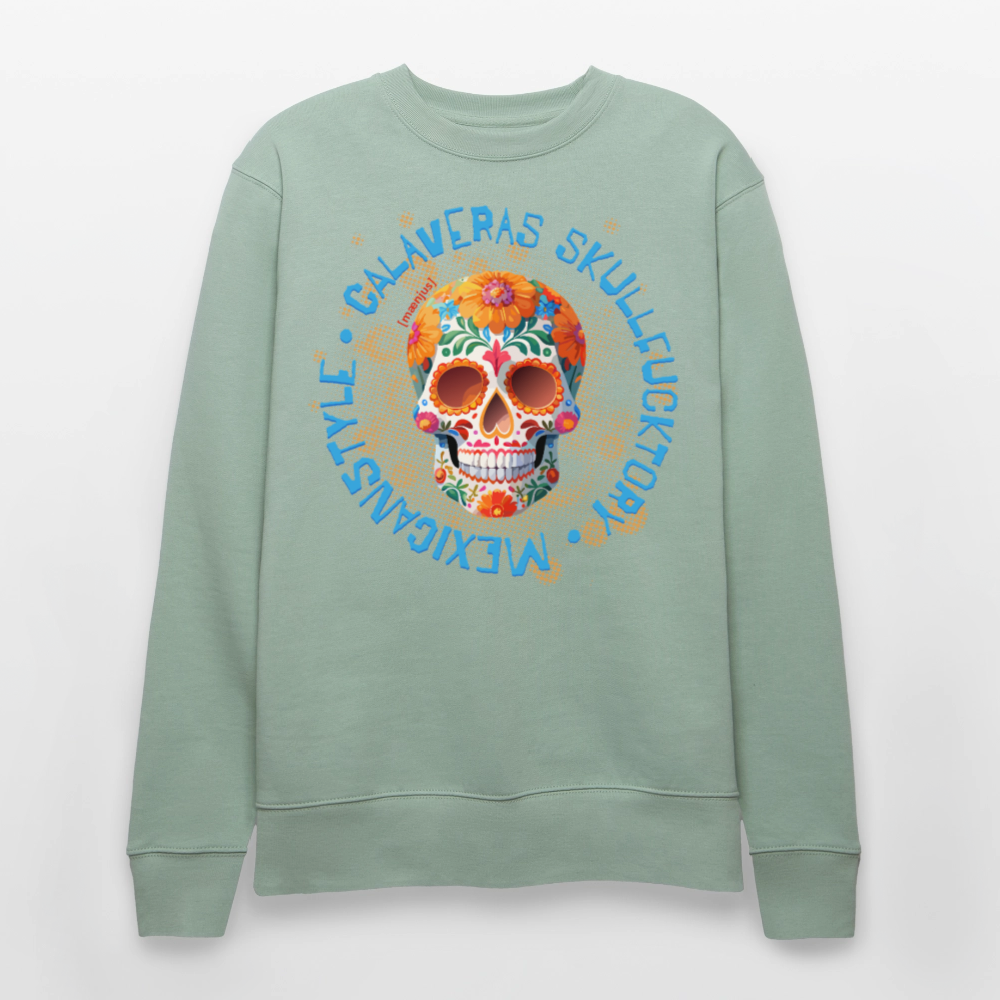 Unisex Bio-Sweatshirt mit CALAVERAS SKULL PRINT - Helles Graugrün