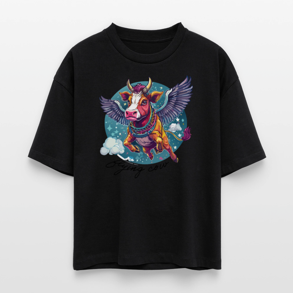 Frauen Boxy Bio-T-Shirt mit FLYING COW PRINT - Schwarz