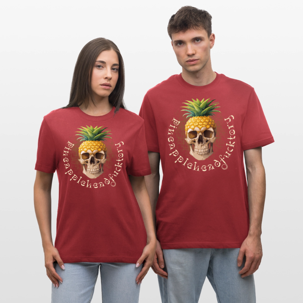 Relaxed Fit Unisex Bio-T-Shirt mit PINEAPPLE SKULL PRINT Vorderseite - Erdrot