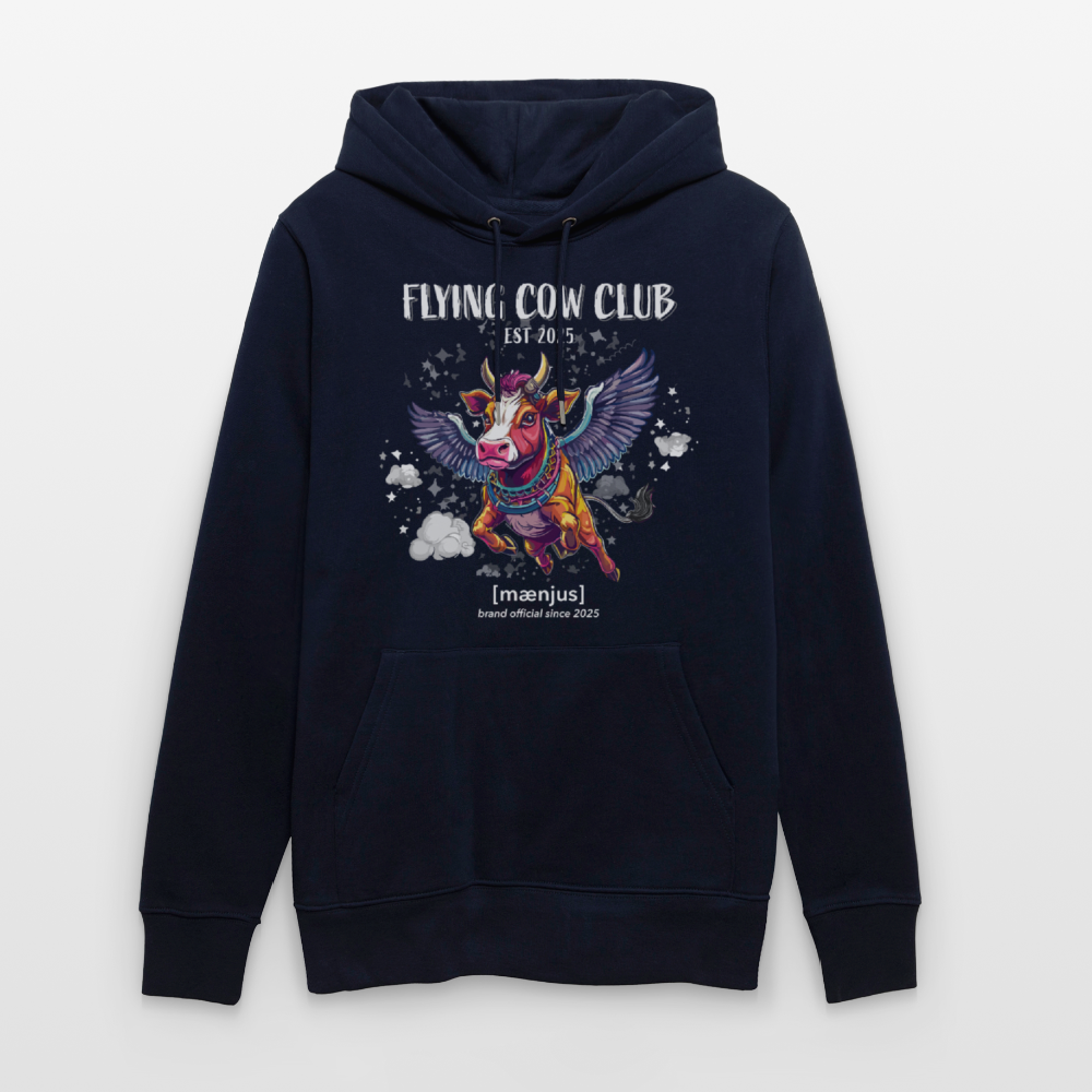 Unisex Bio-Hoodie mit FLYING COW CLUB PRINT Vorderseite - Navy