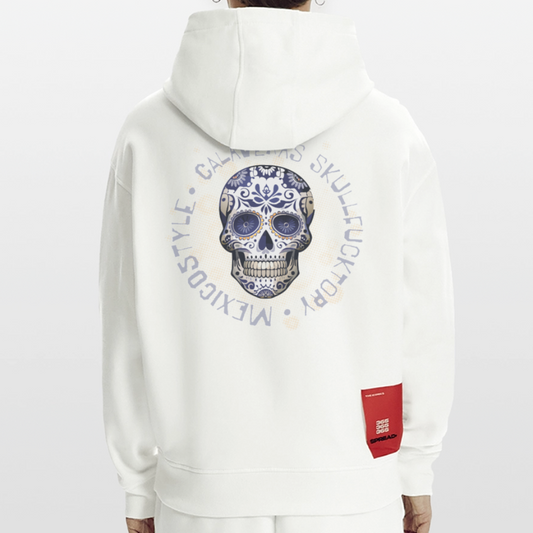 Heavyweight Oversized Organic Hoodie mit CALAVERAS SKULL PRINT - OFF WHITE