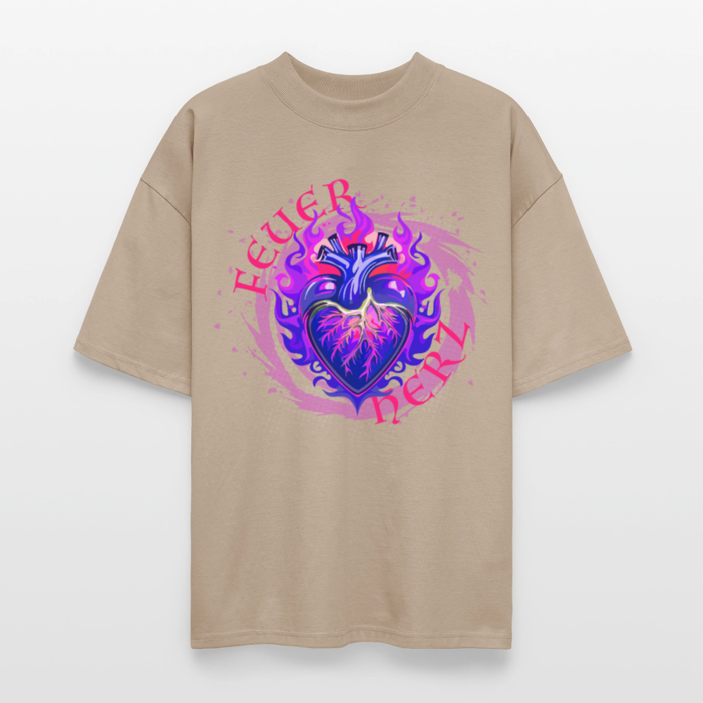 Oversized Unisex Bio T-Shirt mit FEUERHERZ LILA PRINT - Steingrau
