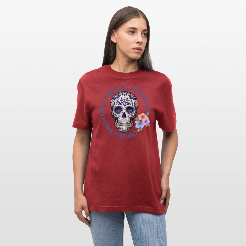 Relaxed Fit Unisex Bio-T-Shirt mit MAENJUS MEXICANSTYLE PRINT Vorderseite - Erdrot