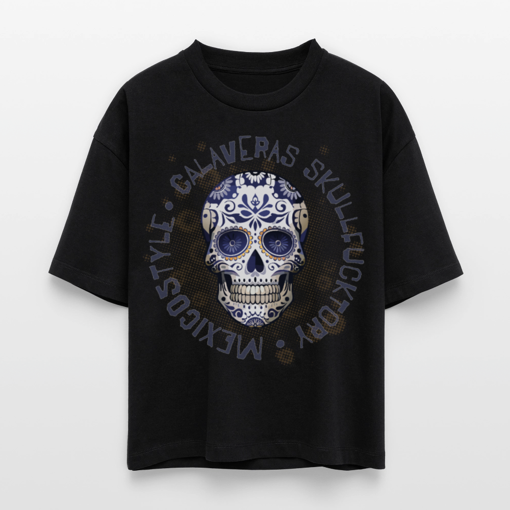 Frauen Boxy Bio-T-Shirt mit CALAVERAS SKULL PRINT - Schwarz