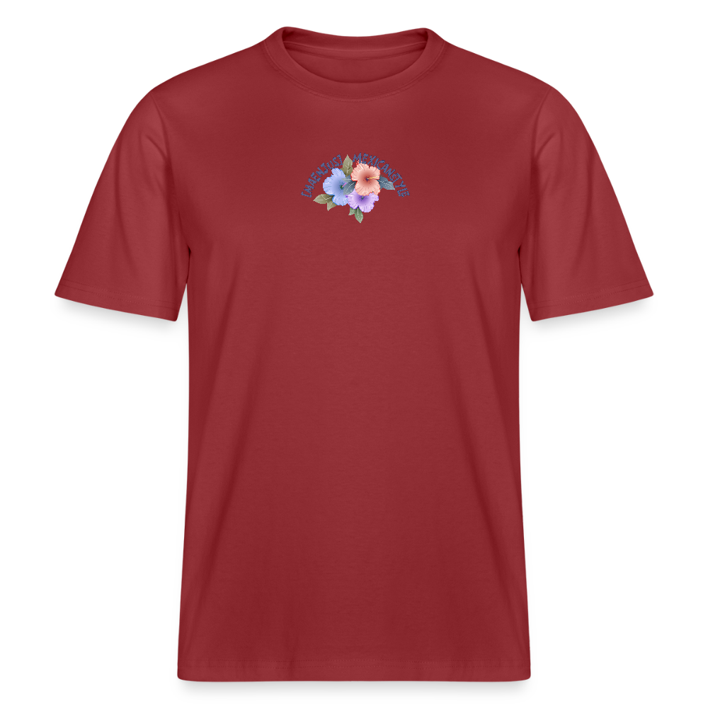 Relaxed Fit Unisex Bio-T-Shirt mit MAENJUS MEXICANSTYLE PRINT Vorder- und Rückseite - Erdrot