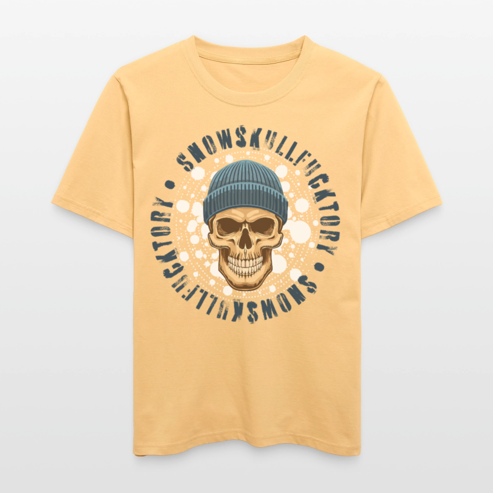 Relaxed Fit Unisex Bio-T-Shirt mit SNOWSKULL FUCKTORY PRINT Vorderseite - Hellgelb