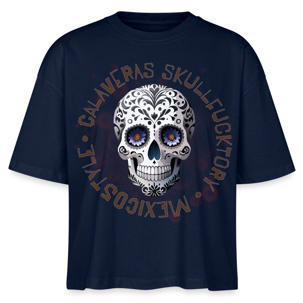 Frauen Boxy Bio-T-Shirt mit CALAVERAS SKULL PRINT - Navy