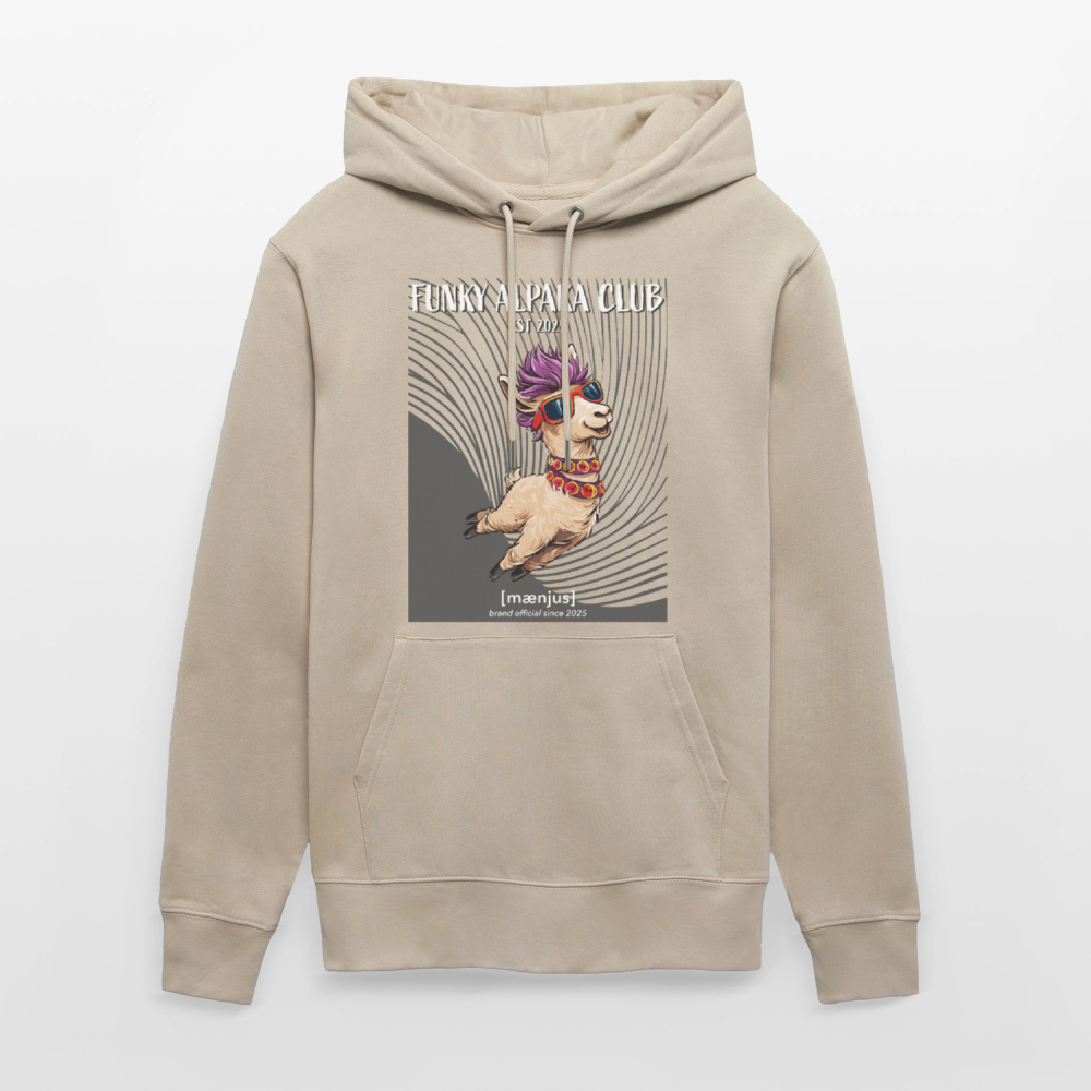 Unisex Bio-Hoodie mit FUNKY ALPAKA CLUB PRINT Vorderseite - Beige