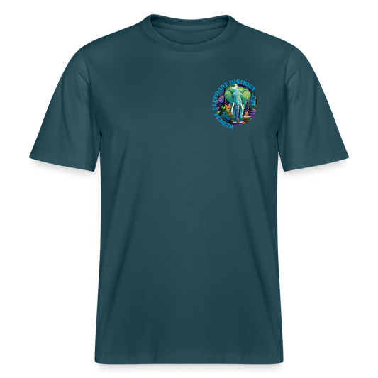 Relaxed Fit Unisex Bio-T-Shirt mit REDEYE ELEPHANT DISTRICT PRINT Vorder- und Rückseite - Dunkles Petrol