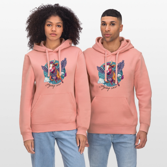 Unisex Bio-Hoodie mit FLYING COW PRINT Vorderseite - Altrosa