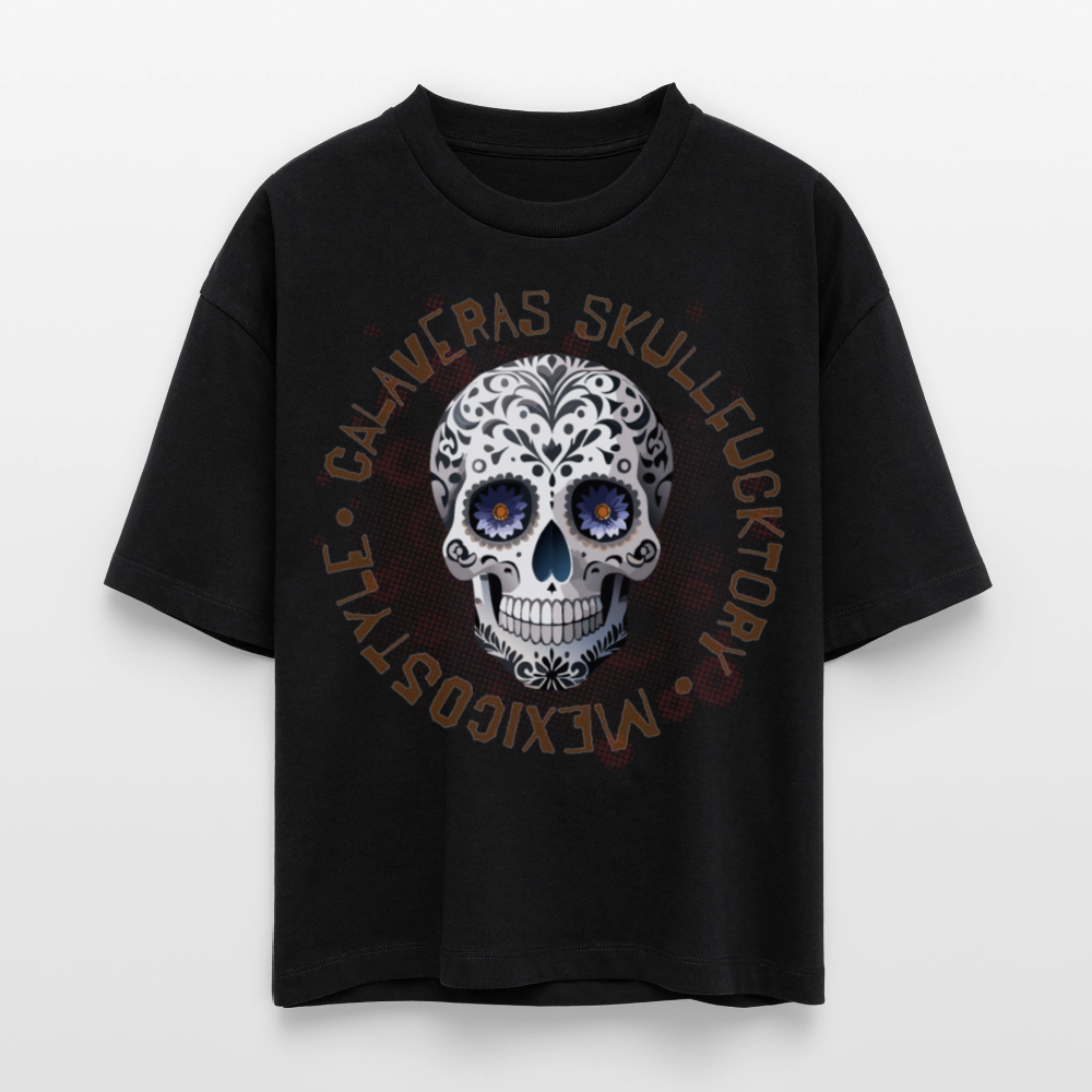 Frauen Boxy Bio-T-Shirt mit CALAVERAS SKULL PRINT - Schwarz
