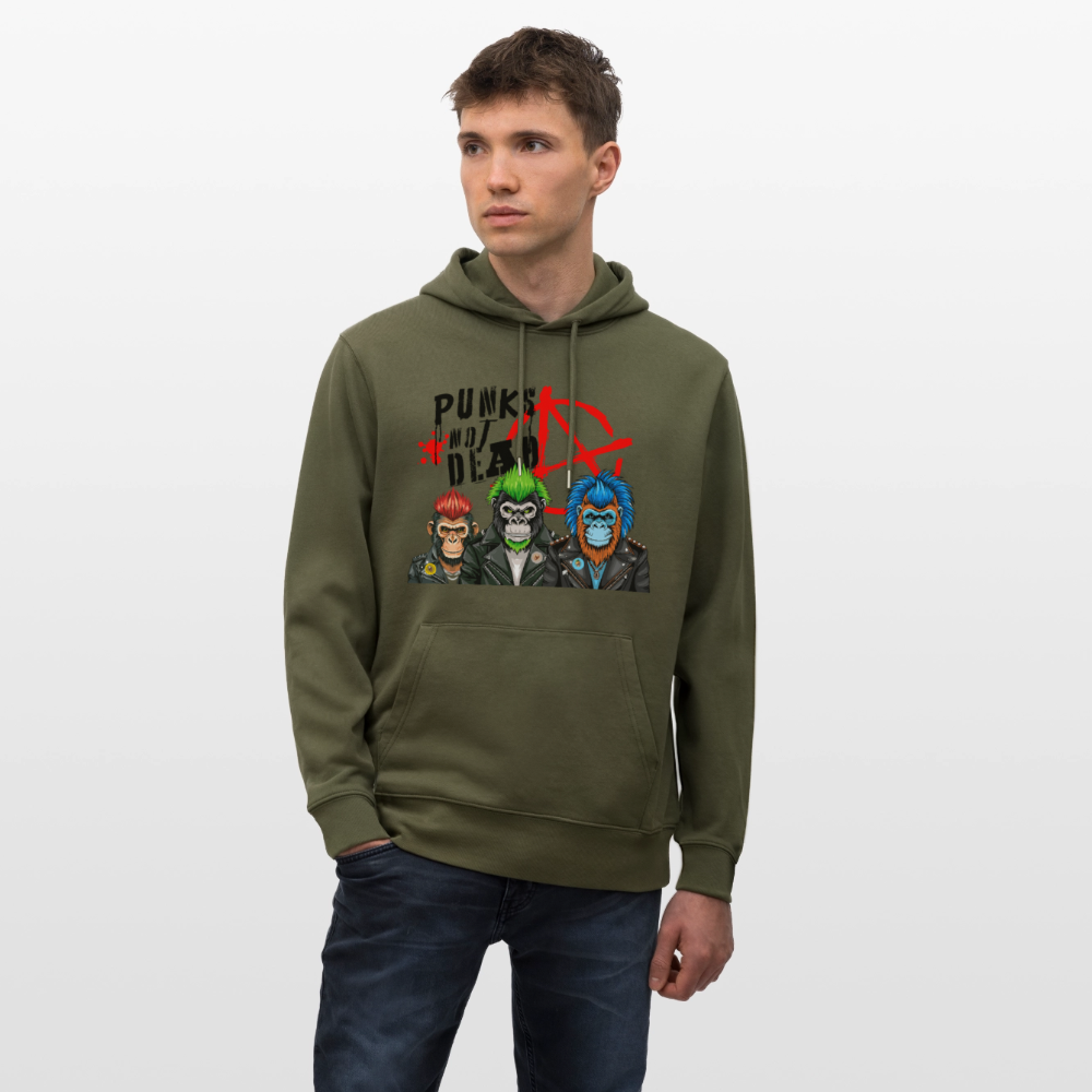 Unisex Hoodie mit PUNKS NOT DEAD PRINT - Khaki Grün