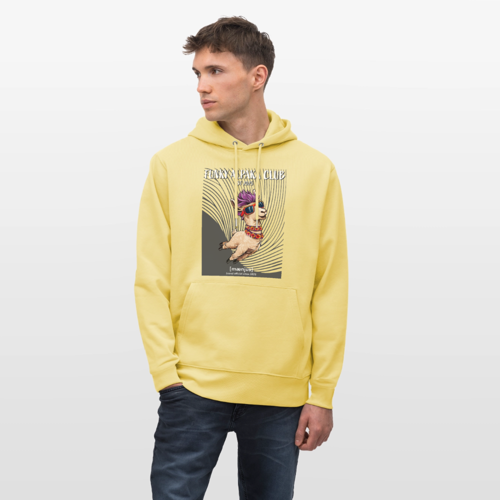 Unisex Bio-Hoodie mit FUNKY ALPAKA CLUB PRINT Vorderseite - Gelb Viva