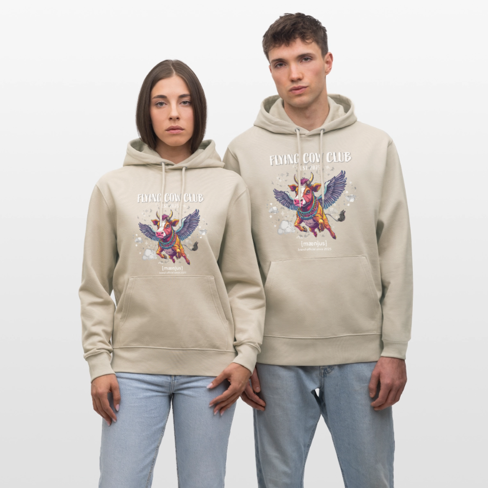 Unisex Bio-Hoodie mit FLYING COW CLUB PRINT Vorderseite - Beige