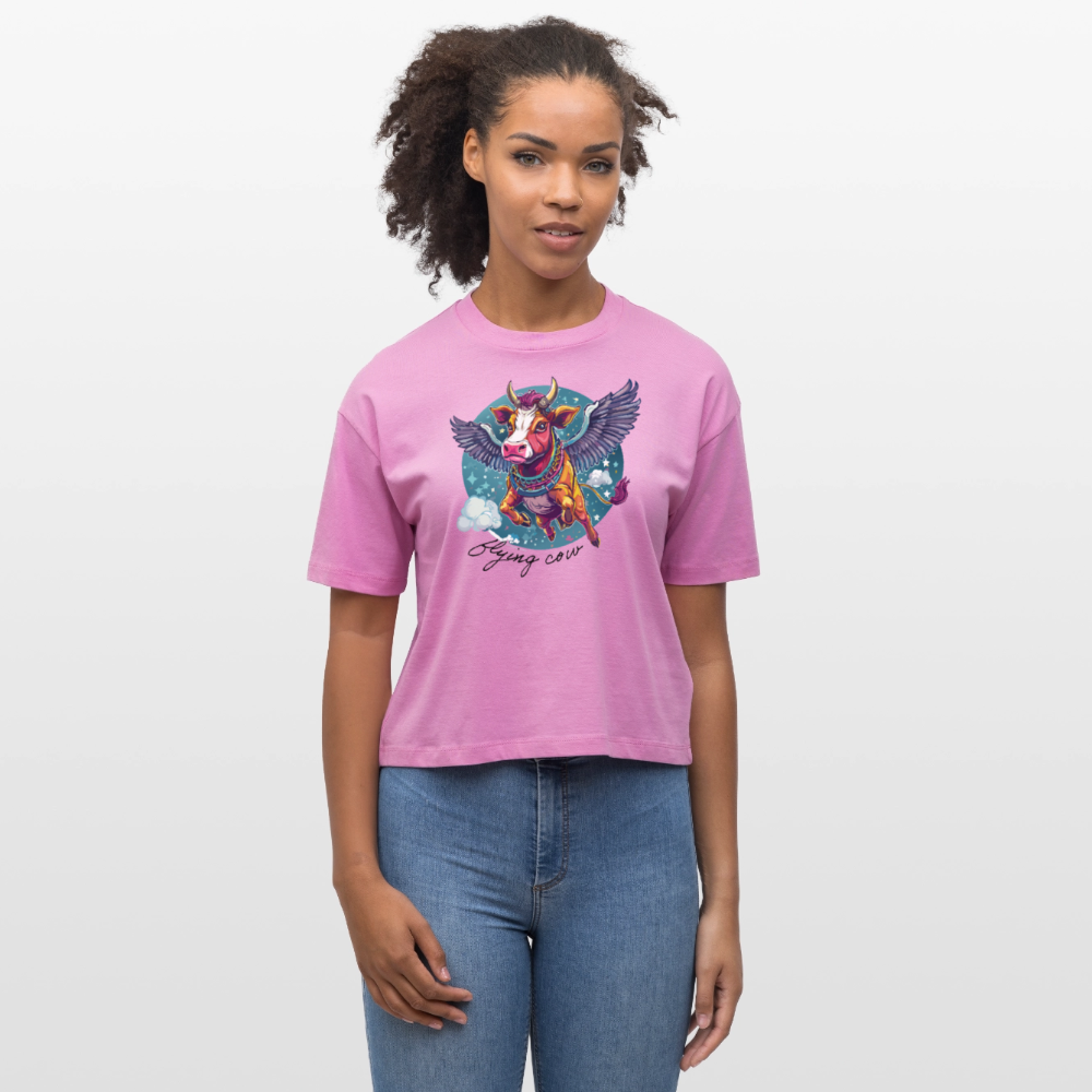 Frauen Boxy Bio-T-Shirt mit FLYING COW PRINT - Pink