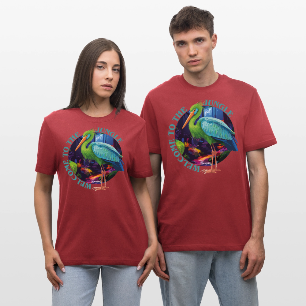 Relaxed Fit Unisex Bio-T-Shirt mit WELCOME TO THE JUNGLE PRINT Vorderseite - Erdrot