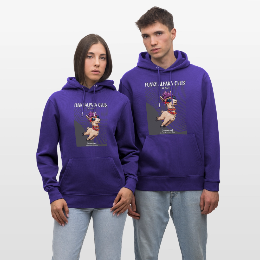 Unisex Bio-Hoodie mit FUNKY ALPAKA CLUB PRINT Vorderseite - Purple Love