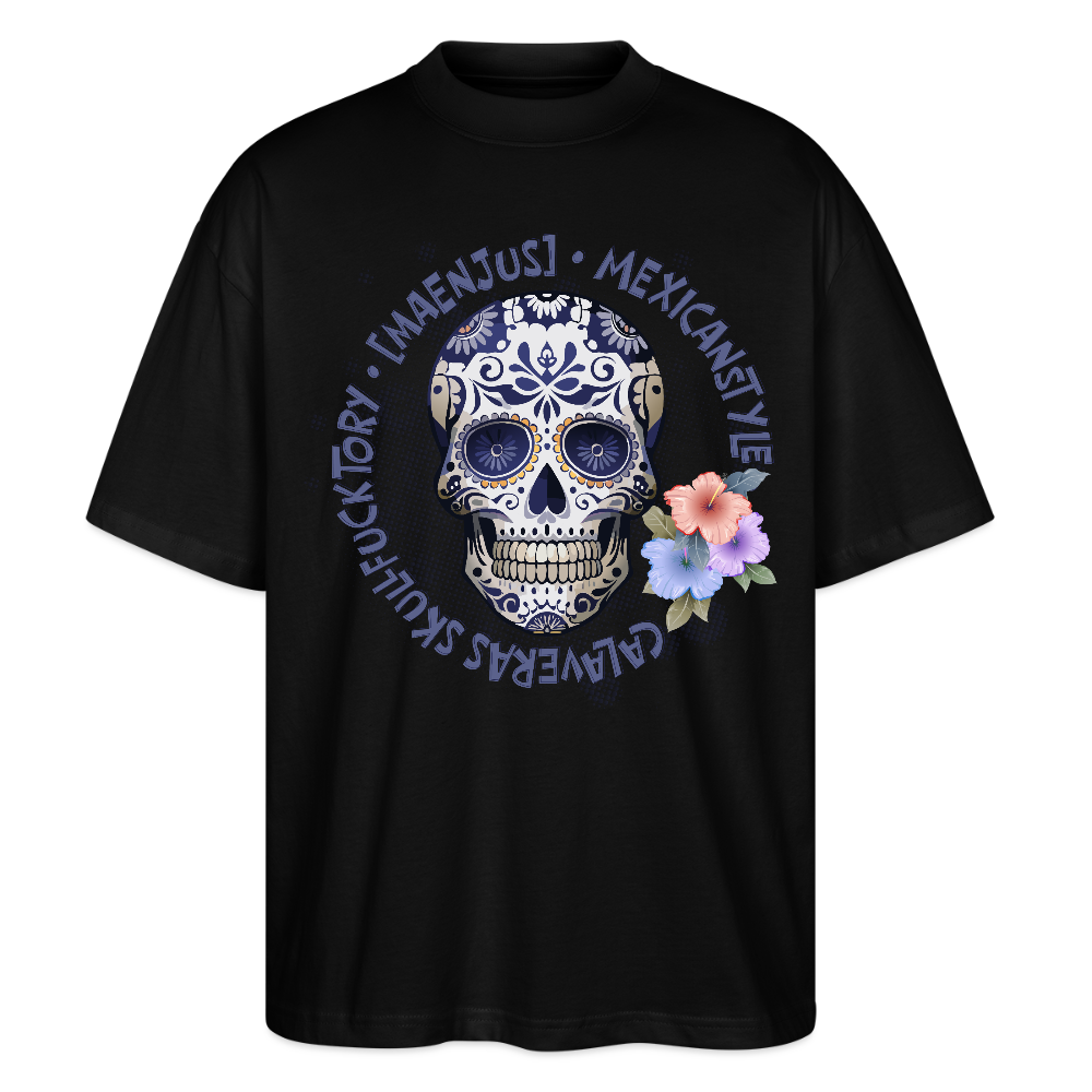 Oversized Unisex Bio T-Shirt mit MAENJUS MEXICANSTYLE PRINT Vorderseite - Schwarz