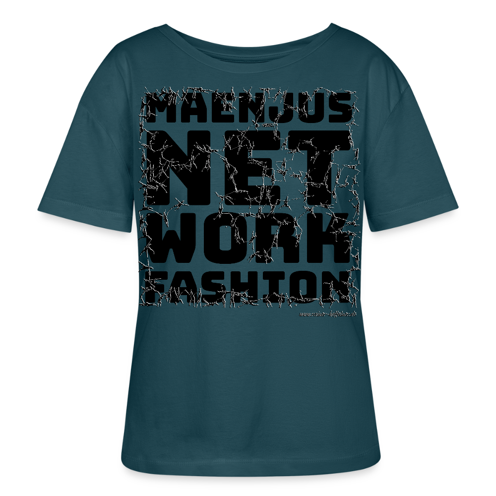 Relaxed Rundhals Frauen Bio-T-Shirt mit MAENJUS NETWORK FASHION PRINT - Dunkles Petrol