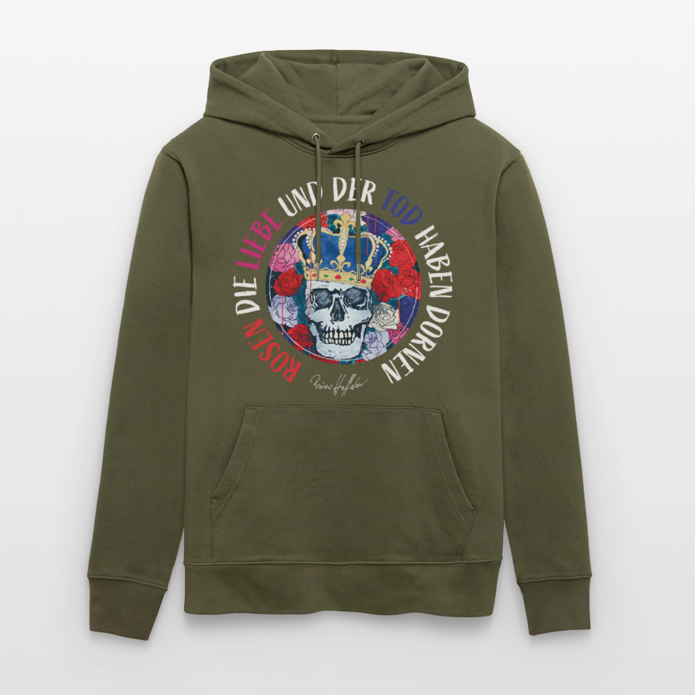 Unisex Hoodie mit ROSEN DIE LIEBE UND DER TOD HABEN DORNEN PRINT - Khaki Grün