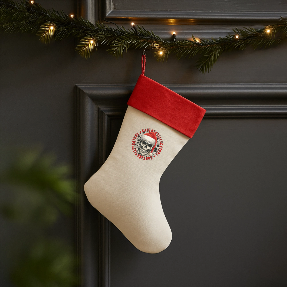 Leinen Weihnachtsstrumpf mit SANTASKULL PRINT - Natur/Rot