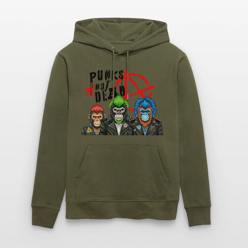 Unisex Hoodie mit PUNKS NOT DEAD PRINT - Khaki Grün