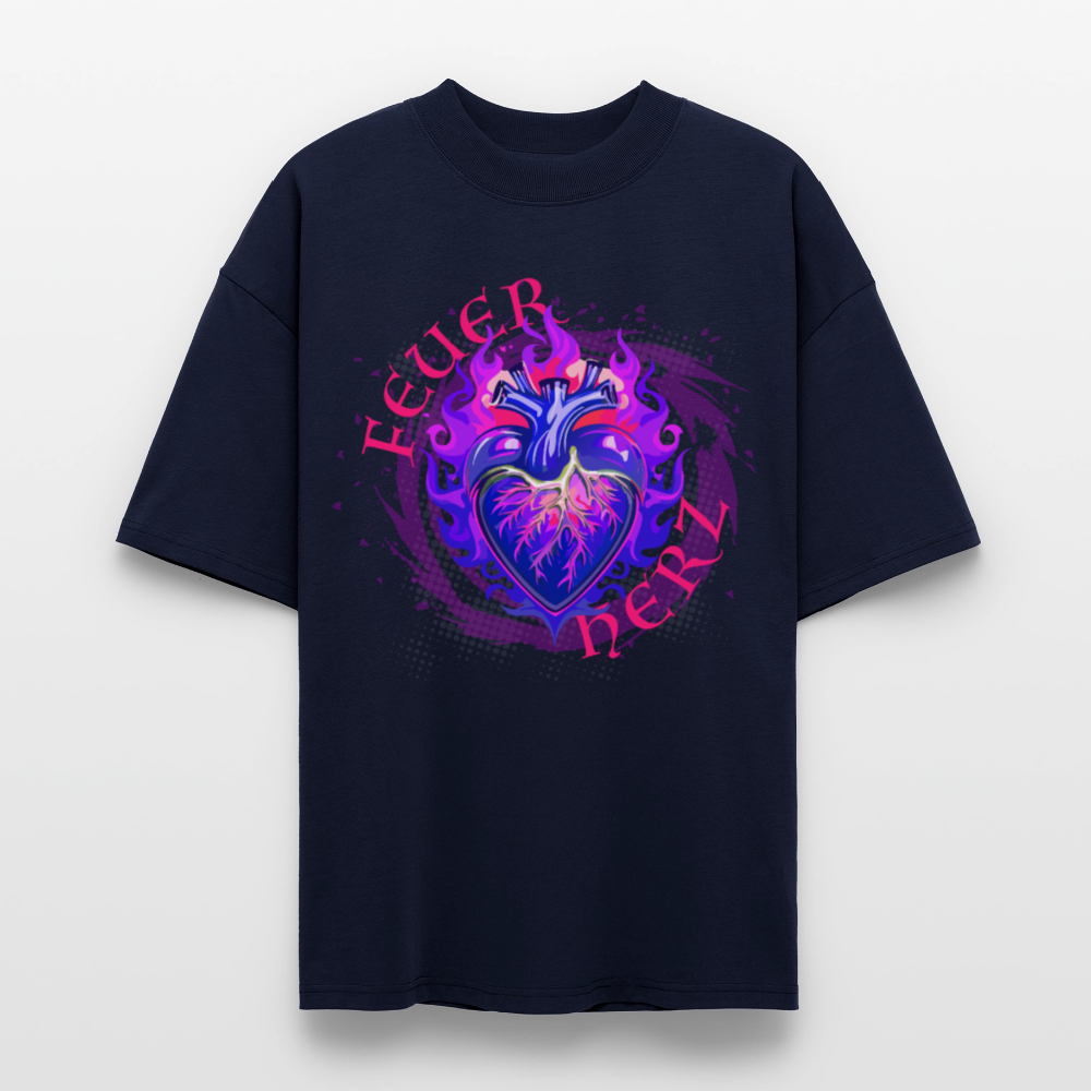 Oversized Unisex Bio T-Shirt mit FEUERHERZ LILA PRINT - Navy