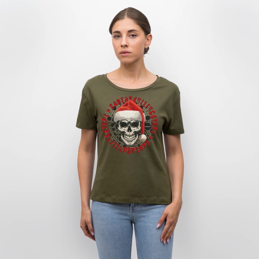 Rundhals Frauen Bio-T-Shirt mit SANTASKULL FUCKTORY PRINT - Khaki