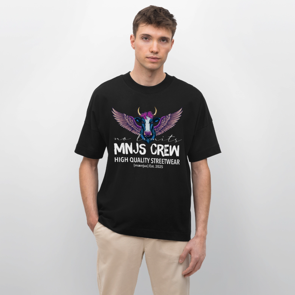 Oversized Unisex Bio T-Shirt mit MNJS CREW no limits PRINT - Schwarz
