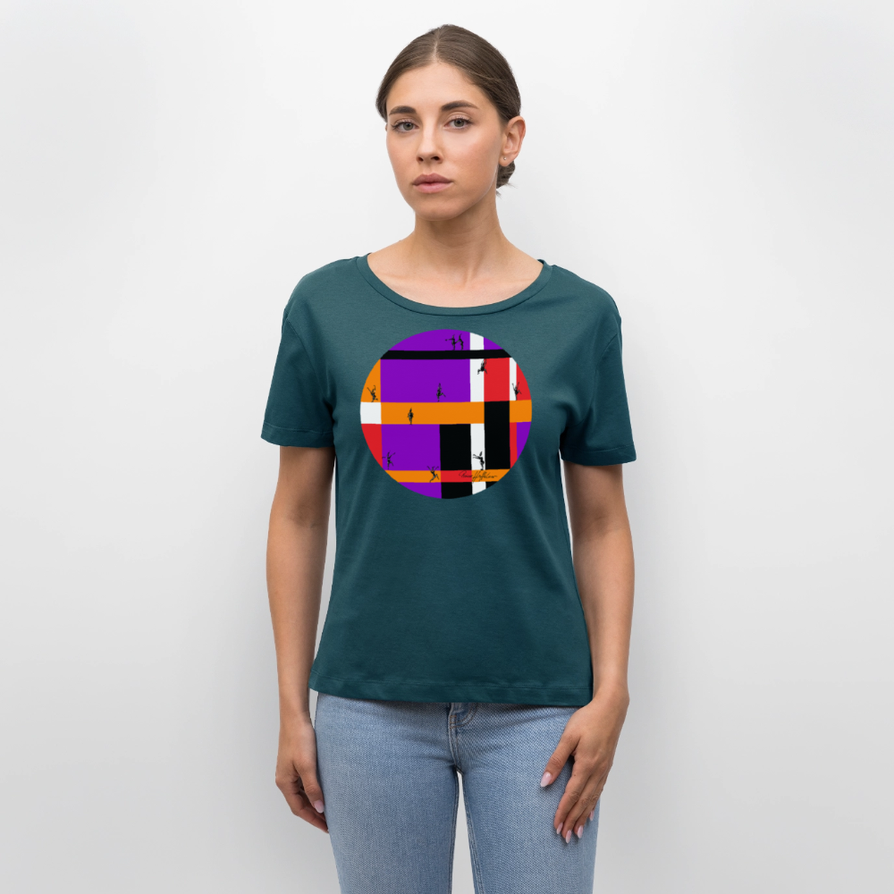 Relaxed Rundhals Frauen Bio-T-Shirt mit DYNAMIC FIELDS PRINT - Dunkles Petrol