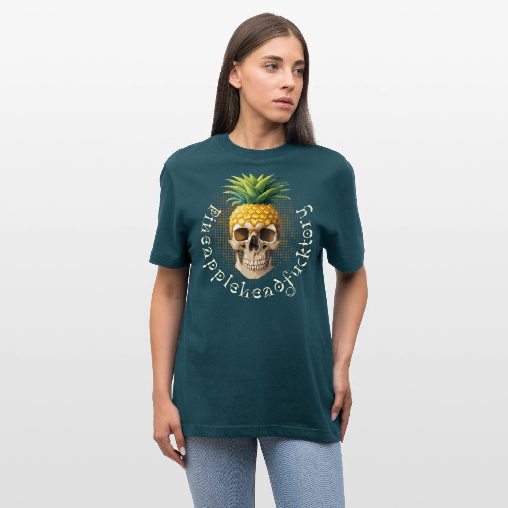 Relaxed Fit Unisex Bio-T-Shirt mit PINEAPPLE SKULL PRINT Vorderseite - Dunkles Petrol