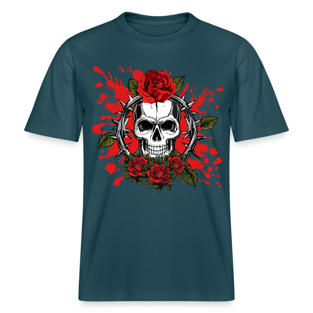 Relaxed Fit Unisex Bio-T-Shirt mit ROSEN SKULL PRINT Vorderseite - Dunkles Petrol